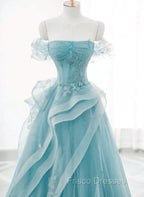Blue Tulle Off Shoulder Beaded Lace Long Formal Prom Dress, Blue Formal Dress