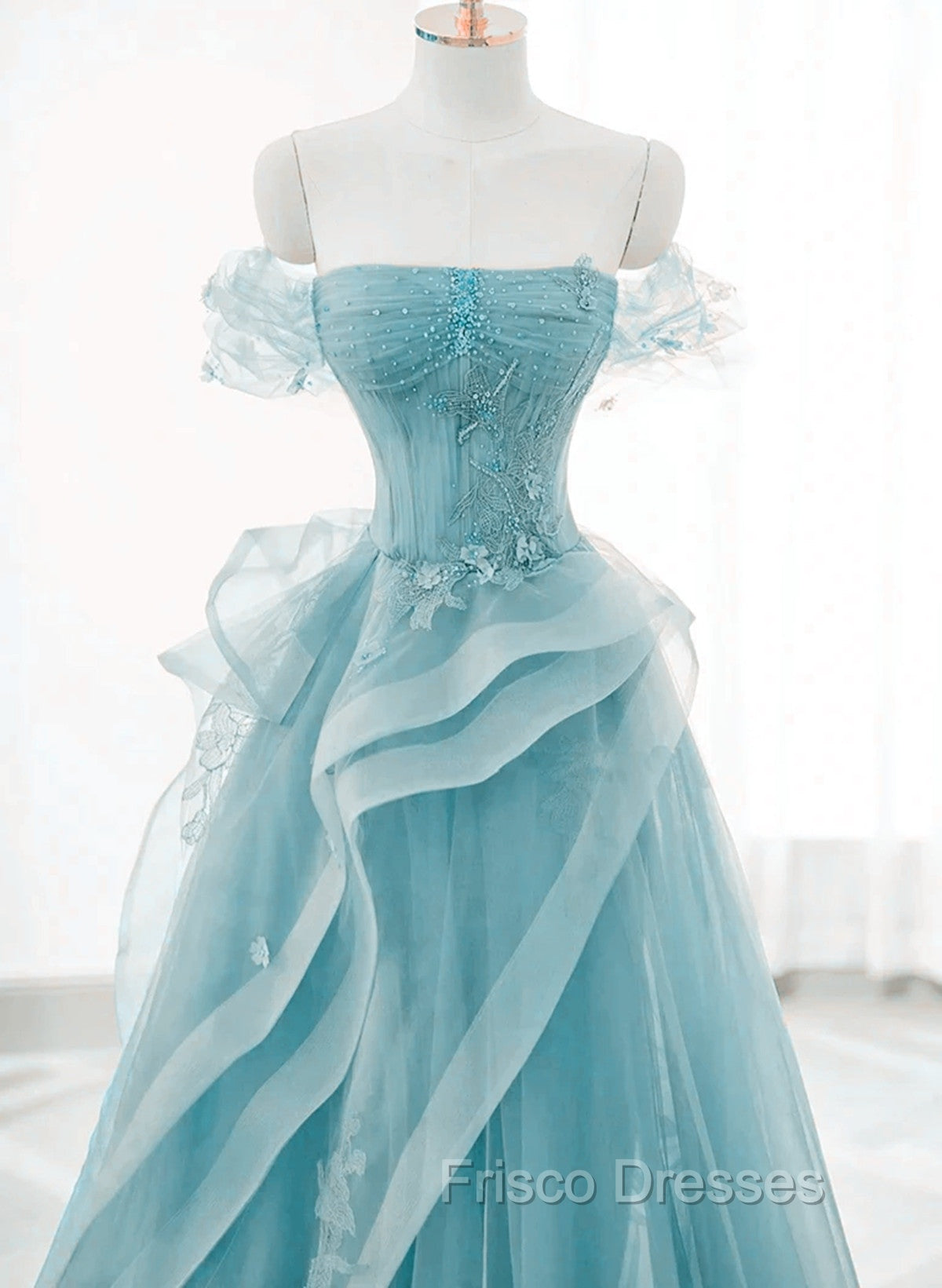 Blue Tulle Off Shoulder Beaded Lace Long Formal Prom Dress, Blue Formal Dress