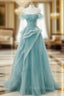 Blue Tulle Off Shoulder Beaded Lace Long Formal Prom Dress, Blue Formal Dress
