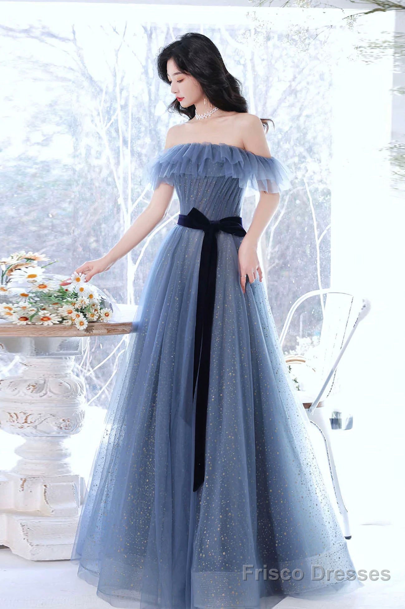 Blue Tulle Off Shoulder Long Formal Dress With Bow, A-Line Evening Gown Main image