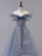 Blue Tulle Off Shoulder Long Formal Prom Dress, Blue A line Evening Dress