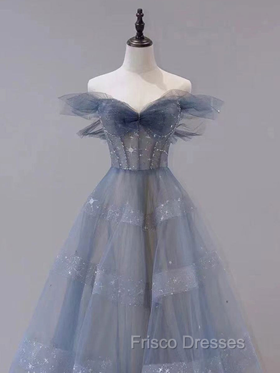 Blue Tulle Off Shoulder Long Formal Prom Dress, Blue A line Evening Dress