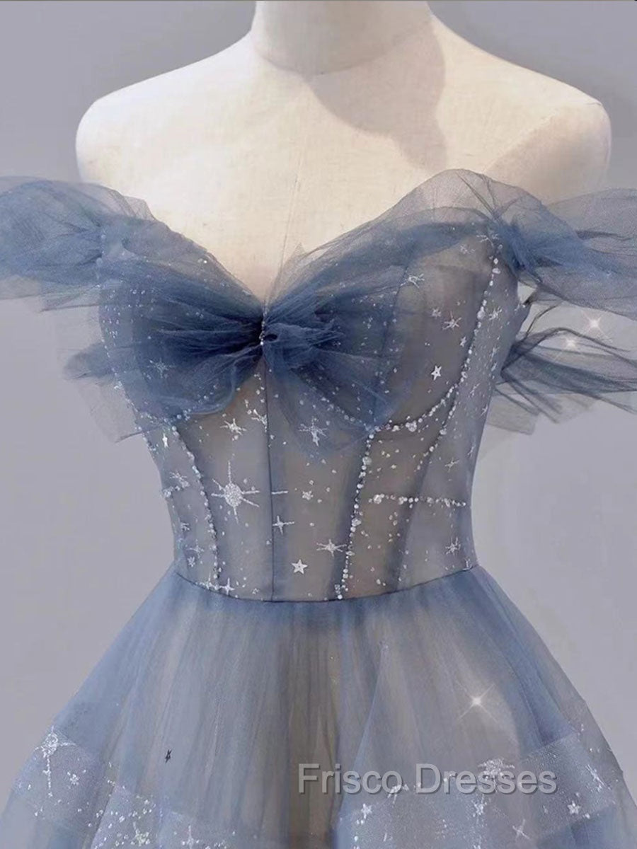 Blue Tulle Off Shoulder Long Formal Prom Dress, Blue A line Evening Dress