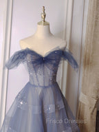 Blue Tulle Off Shoulder Long Formal Prom Dress, Blue A line Evening Dress