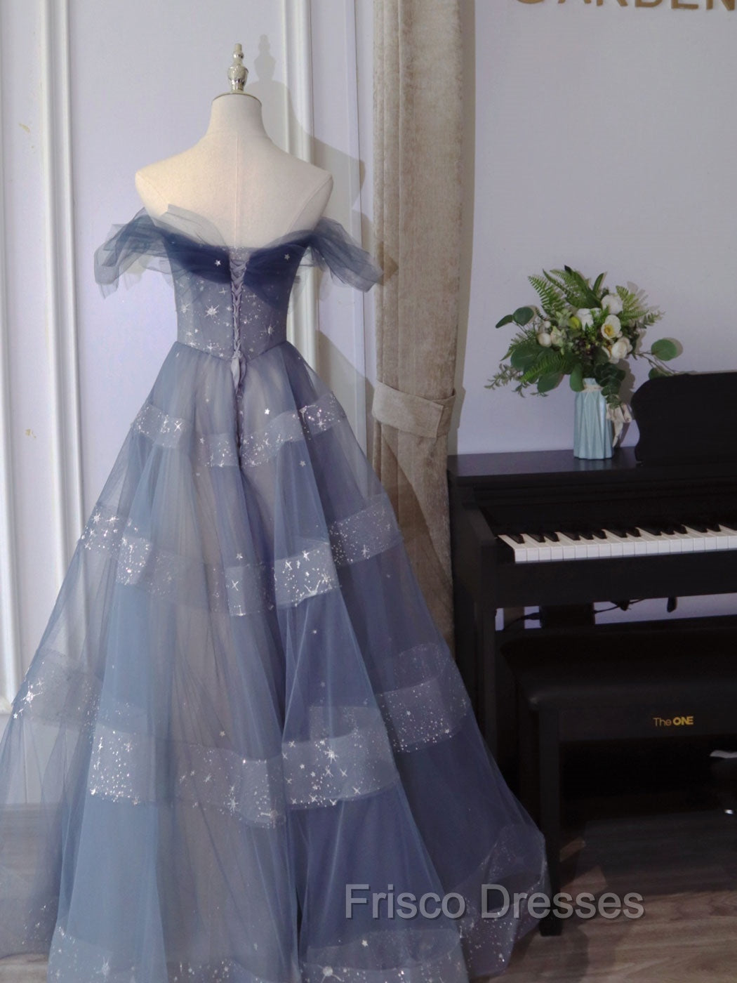 Blue Tulle Off Shoulder Long Formal Prom Dress, Blue A line Evening Dress Secondary image