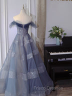 Blue Tulle Off Shoulder Long Formal Prom Dress, Blue A line Evening Dress