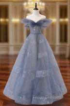 Blue Tulle Off Shoulder Long Formal Prom Dress, Blue A line Evening Dress