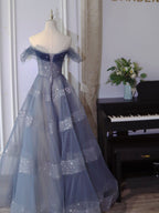 Blue Tulle Off Shoulder Long Prom Dress, Blue Tulle Formal Dress