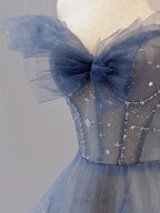 Blue Tulle Off Shoulder Long Prom Dress, Blue Tulle Formal Dress