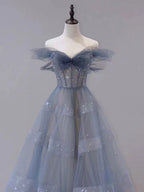 Blue Tulle Off Shoulder Long Prom Dress, Blue Tulle Formal Dress