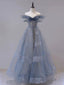 Blue Tulle Off Shoulder Long Prom Dress, Blue Tulle Formal Dress