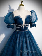 Blue Tulle Off Shoulder Long Formal Prom Dress, Blue Tulle Formal Dress