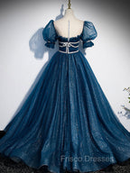 Blue Tulle Off Shoulder Long Formal Prom Dress, Blue Tulle Formal Dress