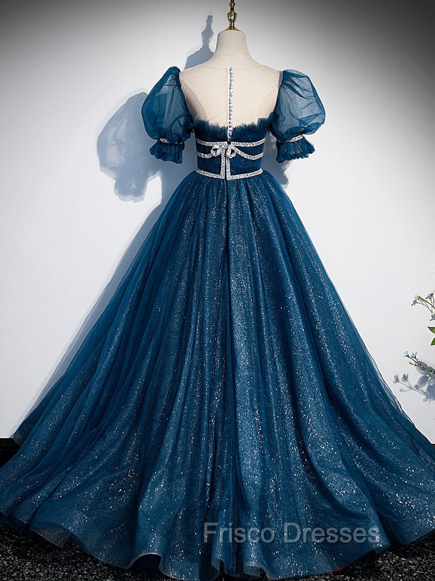 Blue Tulle Off Shoulder Long Formal Prom Dress, Blue Tulle Formal Dress