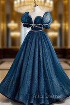 Blue Tulle Off Shoulder Long Formal Prom Dress, Blue Tulle Formal Dress