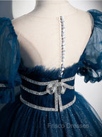Blue Tulle Off Shoulder Long Formal Prom Dress, Blue Tulle Formal Dress