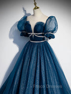 Blue Tulle Off Shoulder Long Formal Prom Dress, Blue Tulle Formal Dress