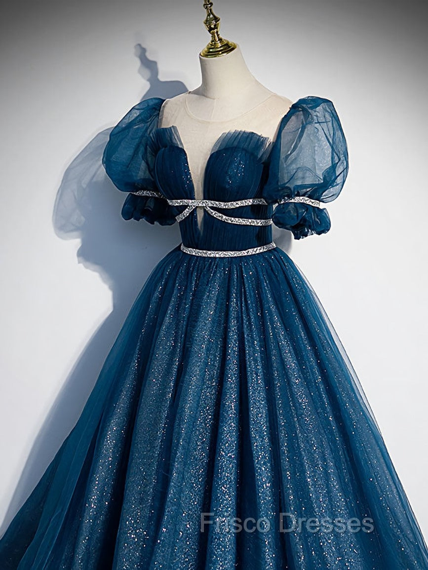 Blue Tulle Off Shoulder Long Formal Prom Dress, Blue Tulle Formal Dress