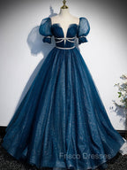 Blue Tulle Off Shoulder Long Formal Prom Dress, Blue Tulle Formal Dress