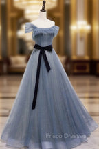 Blue Tulle Off Shoulder Sequin Long Formal Prom Dress Blue Evening Dress
