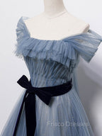 Blue Tulle Off Shoulder Sequin Long Formal Prom Dress Blue Evening Dress