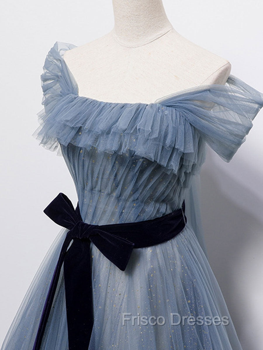 Blue Tulle Off Shoulder Sequin Long Formal Prom Dress Blue Evening Dress