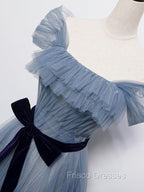 Blue Tulle Off Shoulder Sequin Long Formal Prom Dress Blue Evening Dress