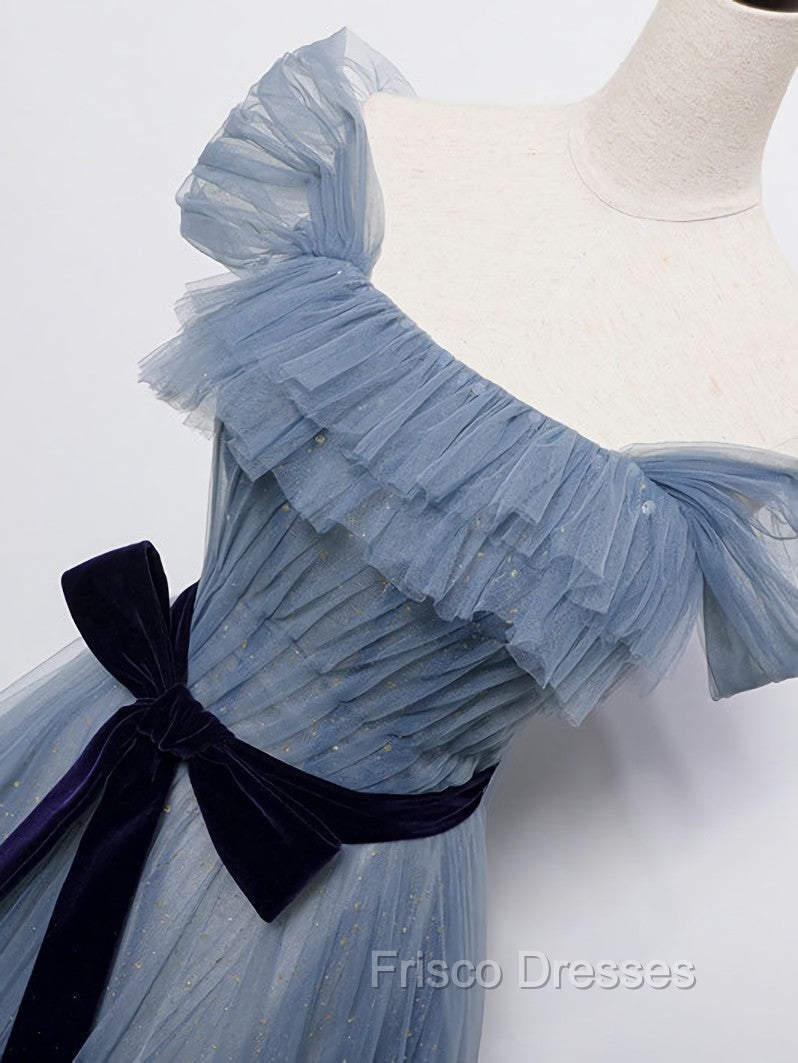 Blue Tulle Off Shoulder Sequin Long Formal Prom Dress Blue Evening Dress