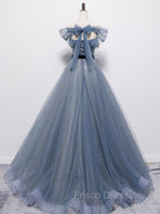 Blue Tulle Off Shoulder Sequin Long Formal Prom Dress Blue Evening Dress