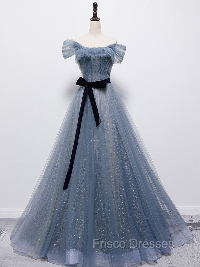Blue Tulle Off Shoulder Sequin Long Formal Prom Dress Blue Evening Dress