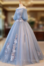 Blue Tulle Off Shoulder with Lace Floral Long Party Dress, Cute Party Dress Formal Prom Dress
