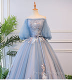 Blue Tulle Off Shoulder with Lace Floral Long Party Dress, Cute Party Dress Formal Prom Dress
