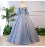Blue Tulle Off Shoulder with Lace Floral Long Party Dress, Cute Party Dress Formal Prom Dress