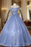 Blue Tulle Off the Shoulder Appliques Beading Quinceanera Dress