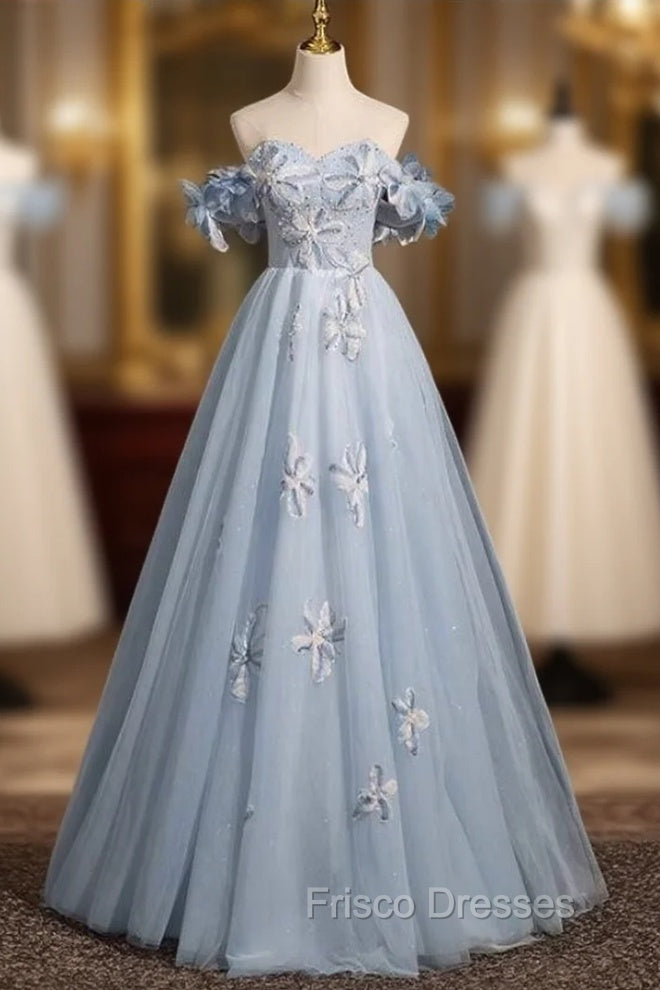 Blue Tulle Off the Shoulder Flower Pearls Formal Prom Dress Main image