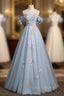 Blue Tulle Off the Shoulder Flower Pearls Formal Prom Dress