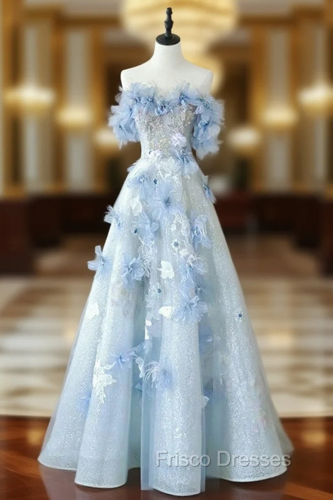 Blue Tulle Off the Shoulder Flower Formal Prom Dress Main image