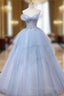 Blue Tulle Off the Shoulder Lace Beading Formal Prom Dress