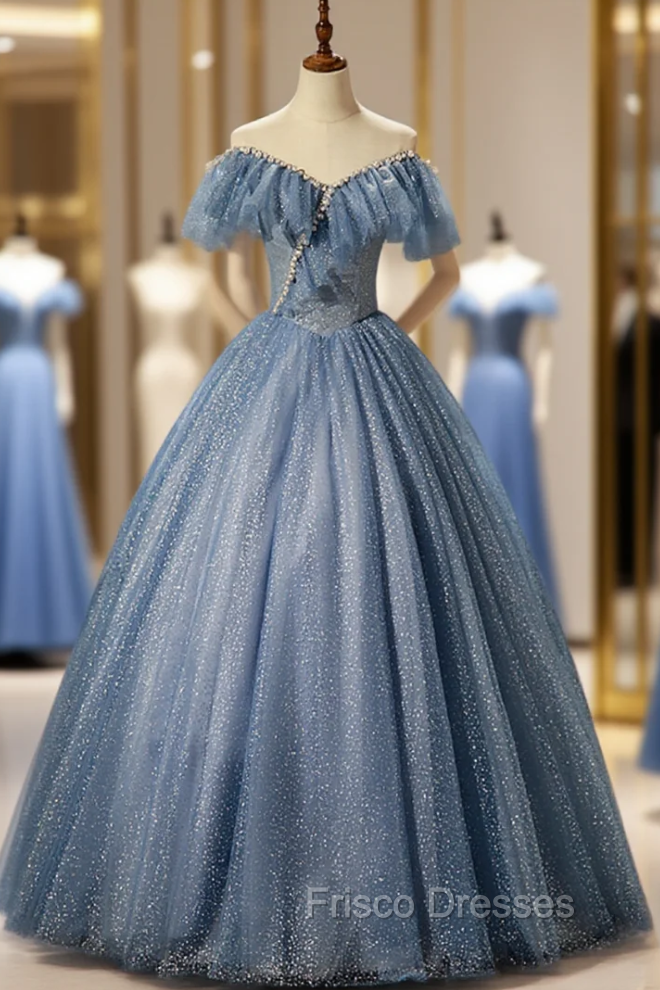 Blue Tulle Off the Shoulder Pearls Quinceanera Dress Main image