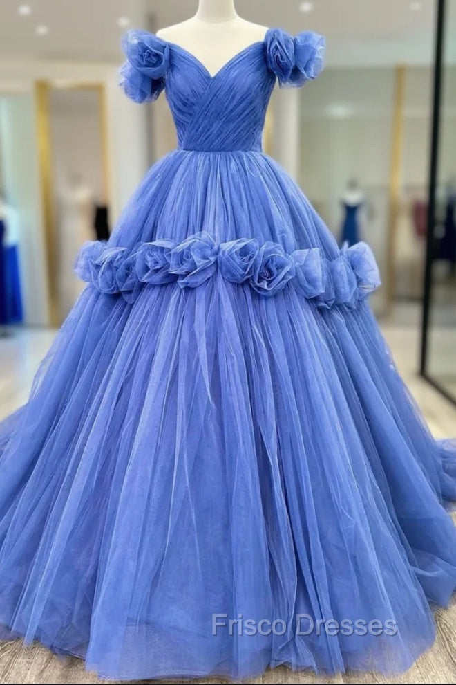 Blue Tulle Off the Shoulder Pleats Flower Formal Prom Dress