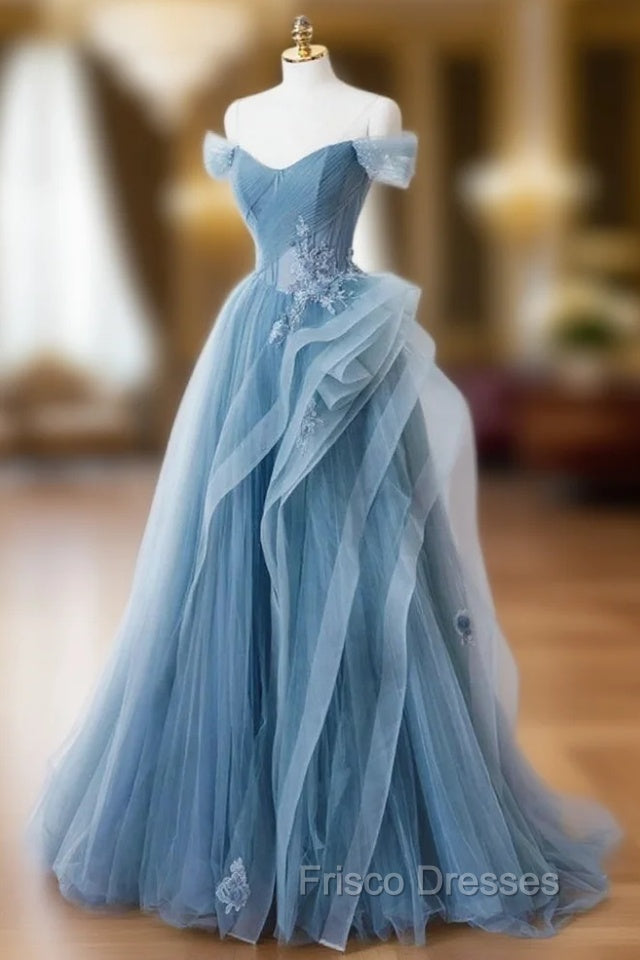 Blue Tulle Off the Shoulder Pleats Formal Prom Dress Main image