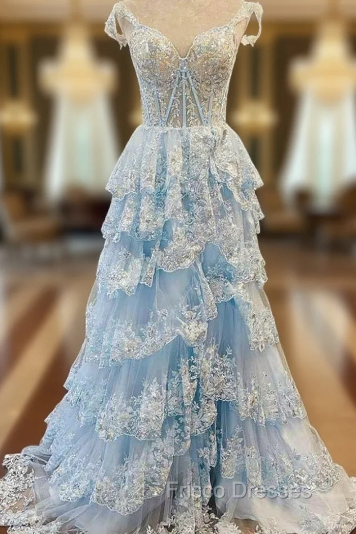Blue Tulle Off the Shoulder Sequins Appliques Formal Prom Dress