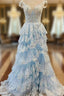 Blue Tulle Off the Shoulder Sequins Appliques Formal Prom Dress