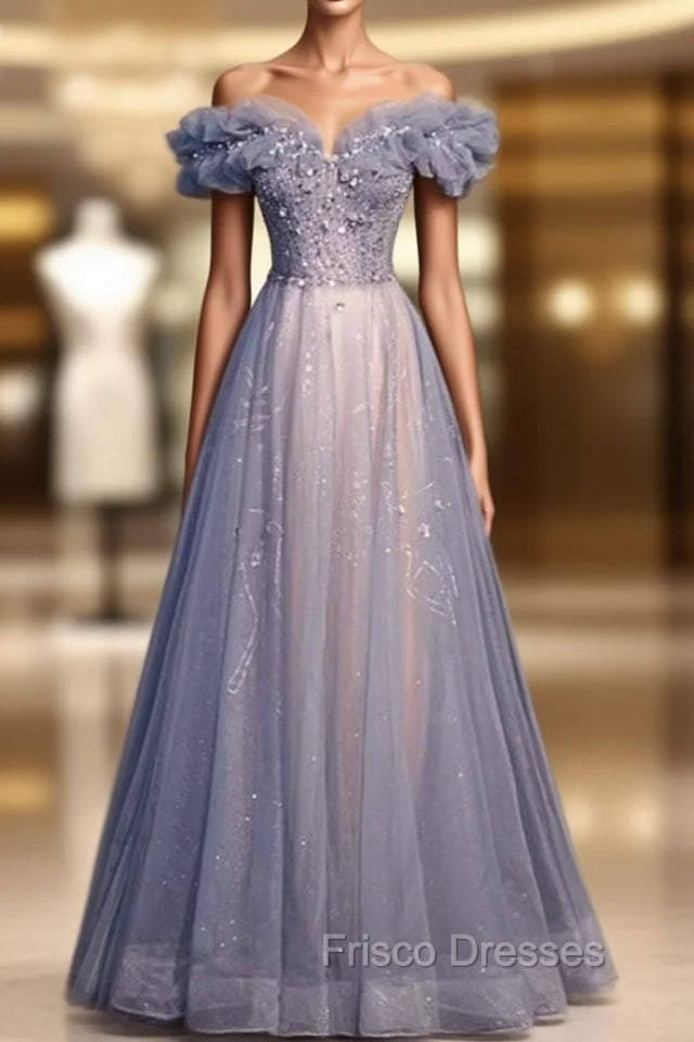 Blue Tulle Off the Shoulder Sequins Beading Formal Prom Dress