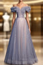 Blue Tulle Off the Shoulder Sequins Beading Formal Prom Dress