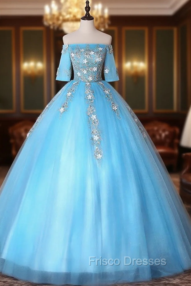 Blue Tulle Off the Shoulder Short Sleeve Appliques Quinceanera Dress
