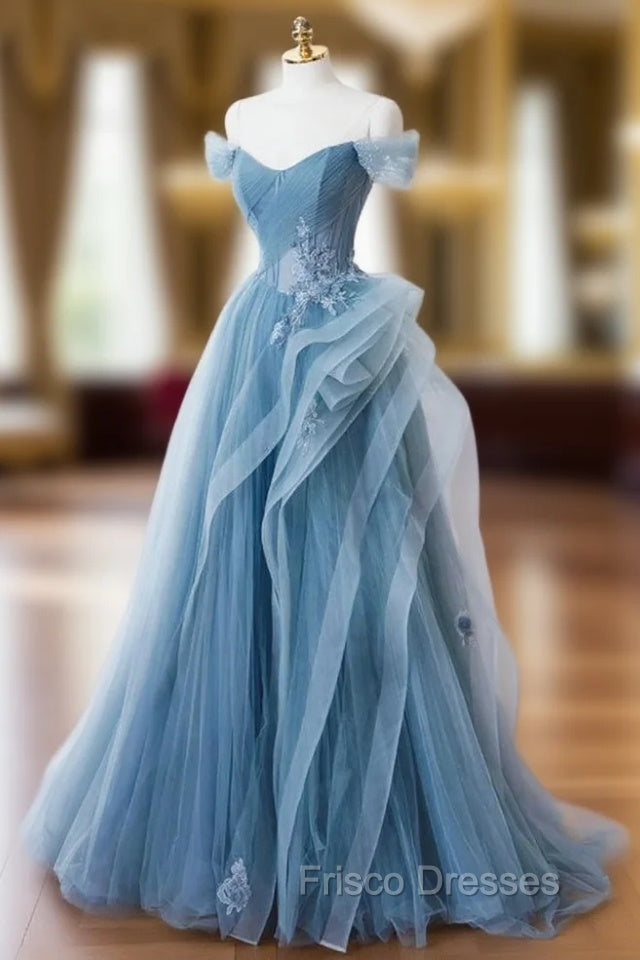 Blue Tulle Off the Shoulder Tulle Appliques Formal Prom Dress