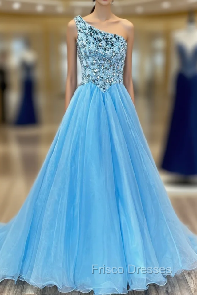 Blue Tulle One Shoulder Sequins Crystal Formal Prom Dress Main image