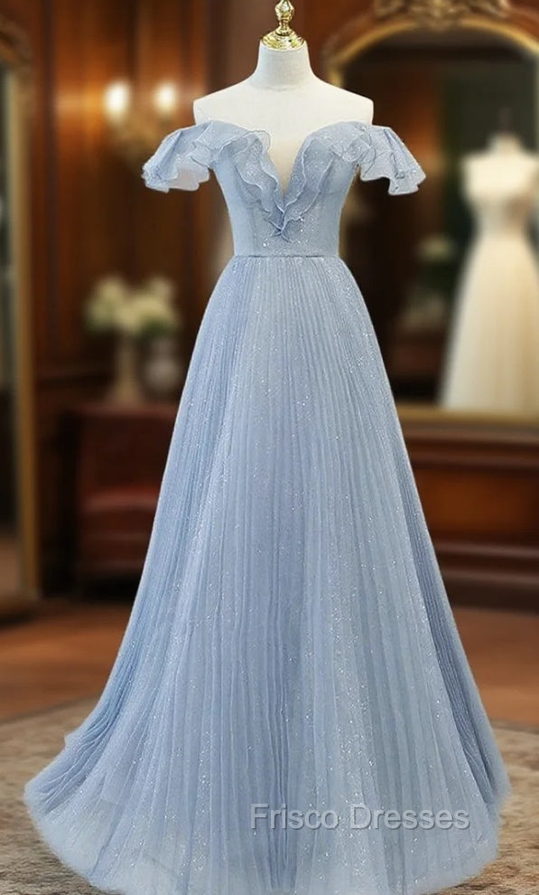 Blue Tulle Pleats Sequins Off the Shoulder Formal Prom Dress