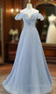 Blue Tulle Pleats Sequins Off the Shoulder Formal Prom Dress